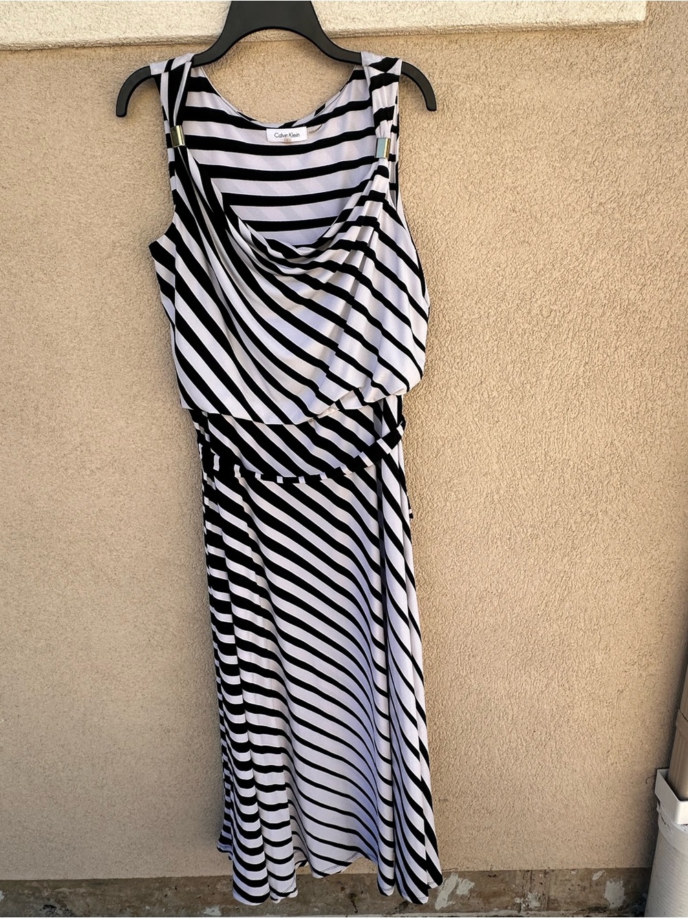 Calvin Klein Black & White Diagonal Stripe Sleeveless Maxi Dress